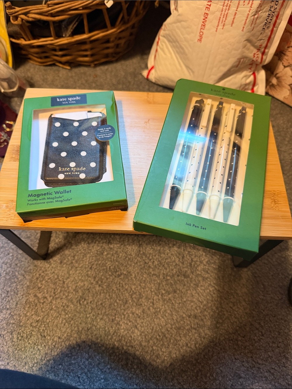 kate spade navy and white polka dot wallet with matching pen set
